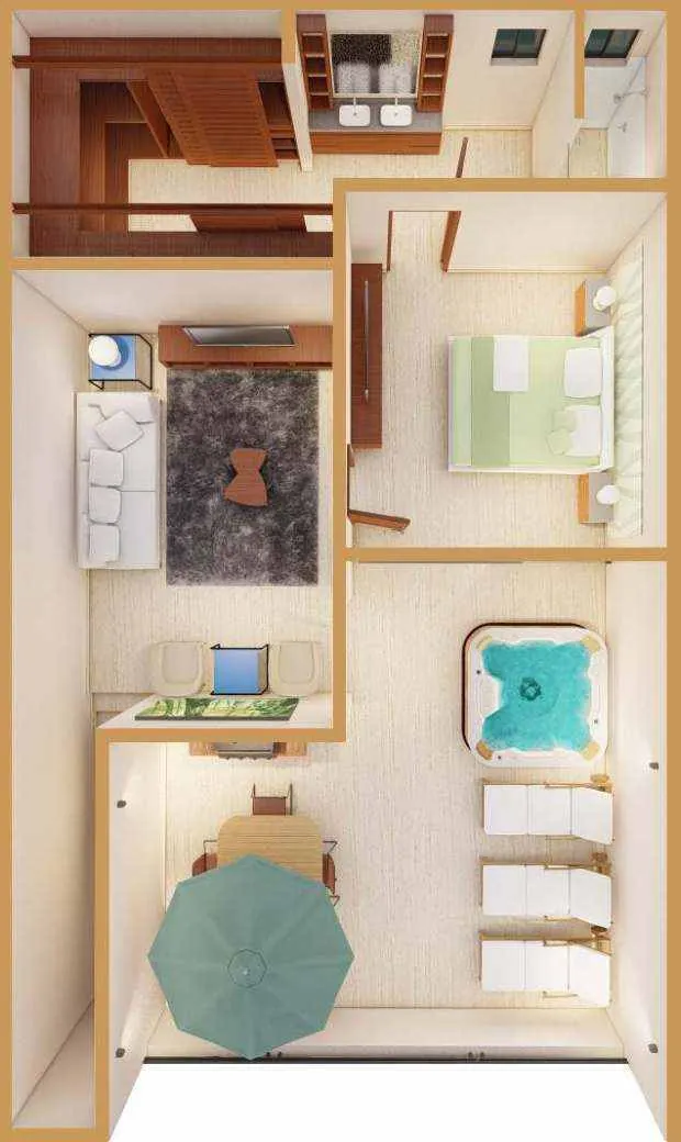 Plano del roof privado del Oasis Roof con sala, recámara, baño, vestidor y terraza con jacuzzi